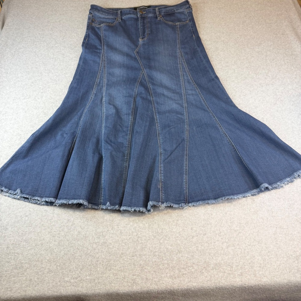 Liverpool Los Angeles Denim Maxi Skirt Blue Paneled Raw Hem A-Line Size 12/31